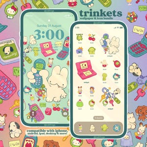 May include: A digital illustration featuring a phone screen displaying a wallpaper and icon bundle. The design includes cartoon characters, retro electronics, and the text "trinkets wallpaper & icon bundle". The color palette is pastel with pink, green, and blue hues.