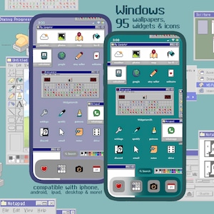 May include: Two smartphones displaying a retro Windows 95 theme with wallpapers, widgets, and icons. The background features additional Windows 95 elements. Text reads "compatible with iphone, android, ipad, desktop & more!"