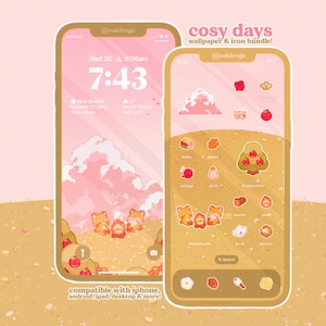May include: Two smartphones displaying a pink and gold theme, with the text "cosy days wallpaper & icon bundle!" The phone screens show a landscape with cartoon animals, clouds, and icons. The time is 7:43 AM. Compatible with iPhone, Android, iPad, desktop & more!