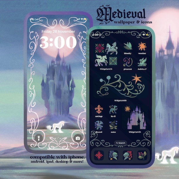 Pacchetto icone fantasy medievale per iOS, iPhone, iPad, tablet e Android, tema per sfondo desktop (download digitale)