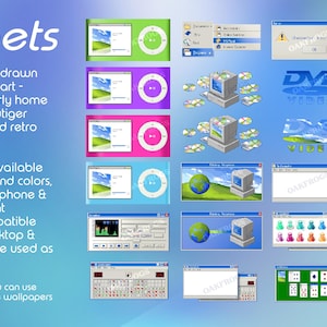 May include: A collection of 65 pixel art digital widgets featuring early computer interface designs, including music players, error messages, DVD logos, and desktop windows. The text reads widgets, 65 widgets hand-drawn with love in pixel art, and more.