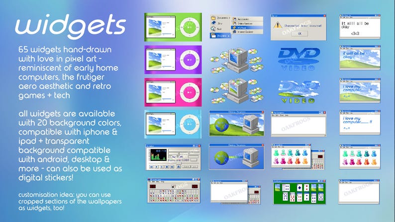May include: A collection of 65 pixel art digital widgets featuring early computer interface designs, including music players, error messages, DVD logos, and desktop windows. The text reads widgets, 65 widgets hand-drawn with love in pixel art, and more.