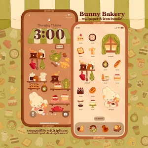 May include: A digital wallpaper and icon bundle titled Bunny Bakery featuring a warm brown and green color palette. The design includes illustrations of a white rabbit, various baked goods, kitchen tools, and a shop awning on two phone screens.