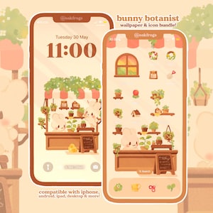 Puede incluir: Un paquete digital de fondos de pantalla e iconos con el tema del botánico conejito. El diseño incluye una pantalla de teléfono con un personaje de conejito, plantas y el texto "bunny botanist wallpaper & icon bundle!". El fondo es de un color cálido.