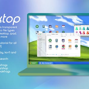 May include: A digital graphic showing a teal laptop screen displaying a classic computer operating system interface with a green hill wallpaper, various application icons, open file folders, and text reading desktop, this bundle includes transparent icons.