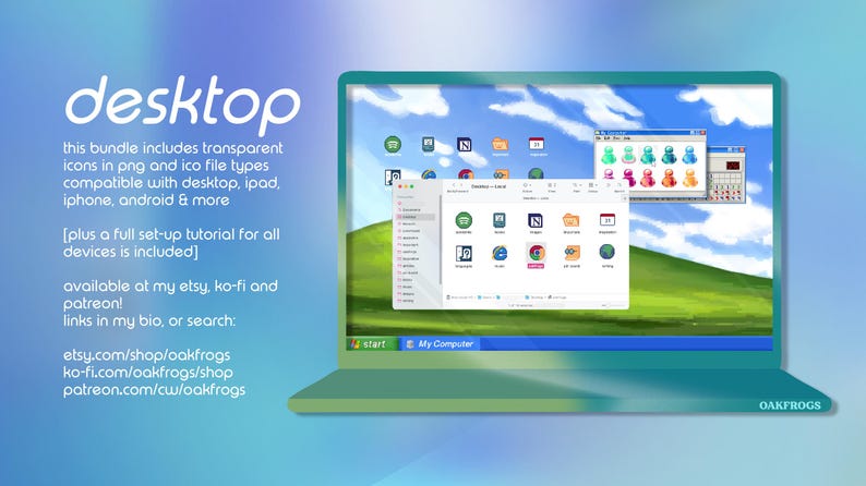 May include: A digital graphic showing a teal laptop screen displaying a classic computer operating system interface with a green hill wallpaper, various application icons, open file folders, and text reading desktop, this bundle includes transparent icons.