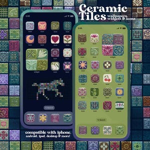 May include: Two smartphones displaying custom app icons and widgets with a ceramic tile theme. The background features a mosaic of colorful tiles. Text on the screen reads "Ceramic Tiles wallpapers, widgets & icons" and "compatible with iphone, android, ipad, desktop & more!"