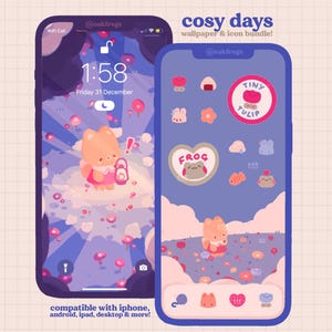 Puede incluir: Dos smartphones que muestran un paquete de fondo de pantalla e iconos "cosy days". La pantalla de bloqueo muestra un zorro de dibujos animados con una linterna. La pantalla de inicio presenta iconos como una rana y un tulipán. El texto dice "compatible with iphone, android, ipad, desktop & more!"