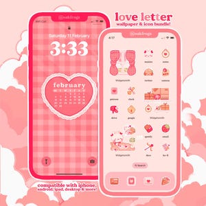 May include: Two pink smartphones displaying a matching theme. One shows a calendar with a heart-shaped frame, the other features app icons. The theme includes a pink gingham pattern and the text "love letter wallpaper & icon bundle!"