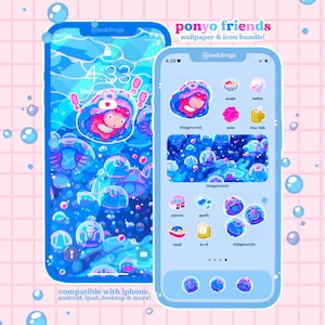 May include: A digital phone wallpaper and icon bundle with a blue and pink cartoon theme. The design includes a character in a bubble, jellyfish, and the text "ponyo friends wallpaper & icon bundle!" Compatible with iPhone, Android, iPad, desktop & more!