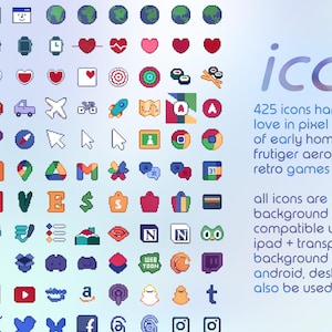 May include: A collection of 425 pixel art icons featuring various symbols, logos, and shapes in a grid layout. The text reads: icons 1/4, 425 icons hand-drawn with love in pixel art, all icons are available with 20 background colors and transparent.