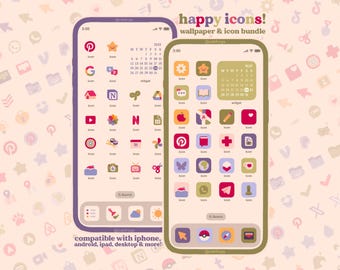 Happy Pastel Icon Packs iOS iPhone iPad Tablet Android Desktop Wallpaper Theme (Digital Download)