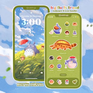 May include: Two phone screens showcasing a custom theme. One has a Totoro-themed wallpaper with a red umbrella, the other displays app icons. The text reads "big fluffy friend wallpaper & icon bundle!" and "compatible with iphone, android, ipad, desktop & more!"