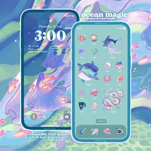 May include: Two smartphone screens displaying an "ocean magic" theme. One shows a lock screen with stingrays and fish, the other a home screen with ocean-themed app icons. The text "compatible with iphone, android, ipad, desktop & more!" is visible.