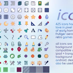 May include: A collection of 425 pixel art icons featuring various shapes, tools, dice, and symbols in multiple colors. The text reads: icons 3/4, 425 icons hand-drawn with love in pixel art, all icons are available with 20 background colors.