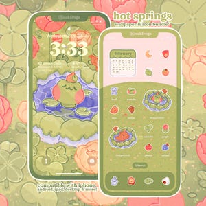 May include: Two smartphones displaying a "hot springs" wallpaper and icon bundle. The wallpaper features a cartoon frog in a pond. The icons are themed with a similar aesthetic. The background is a floral pattern with pink and green colors.