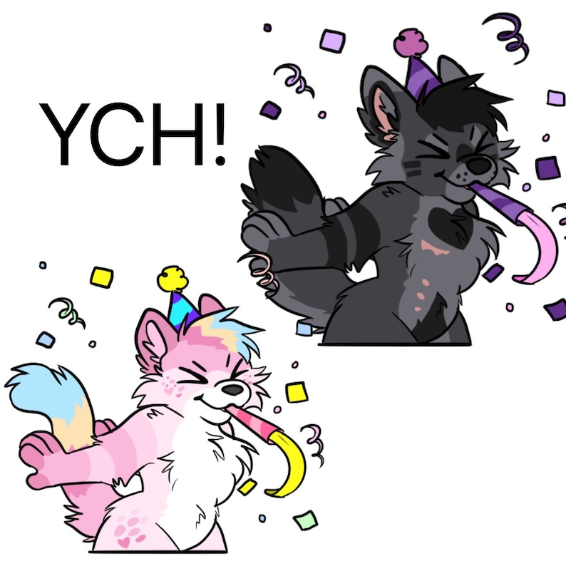 May include: Two cartoon animals wearing party hats and blowing party horns. The animal on the left is pink and white with blue and yellow accents. The animal on the right is gray with black stripes and purple accents. The background is white with confetti.