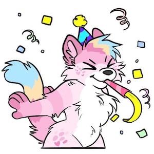 May include: A pink and blue furry creature wearing a party hat and blowing a party horn. Confetti is scattered around the creature.
