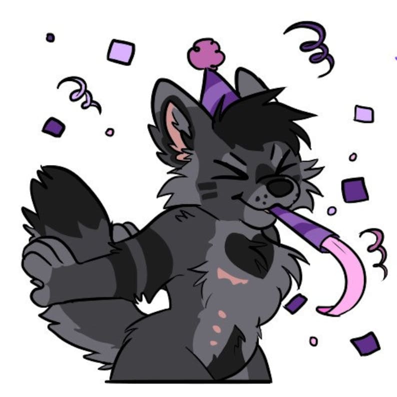 May include: A cartoon gray and black furry creature wearing a pink and purple party hat and blowing a pink party horn. The creature is surrounded by purple confetti.