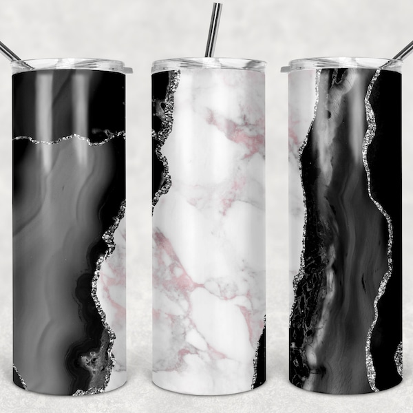 Black and silver agate 20oz skinny tumbler wrap PNG **Digital File only**