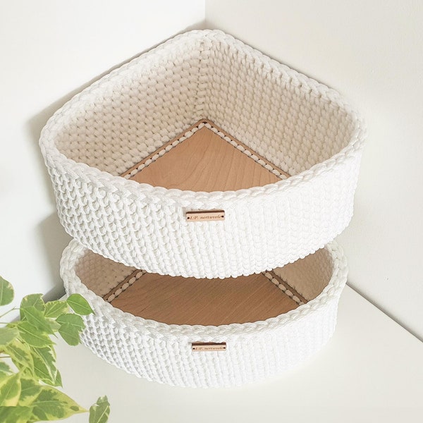 Crochet Corner Basket, Wood Base, Entryway/Bathroom Organizer
