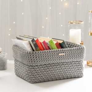 Wood bottom crochet basket / Rectangle book basket/ Crochet storage bin/ Fabric box image 1