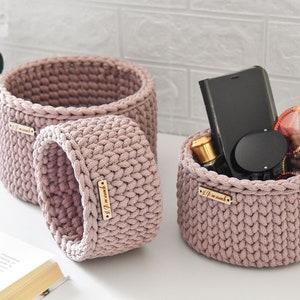 Crochet baskets, Round storage basket, Dusty rose, christmas gift ideas image 3