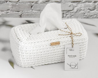 Handmade Crochet Tissue Box Cover: White Napkin Basket