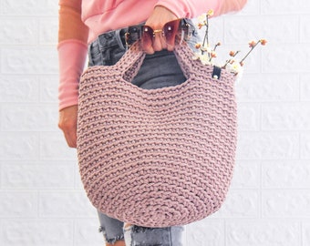 Handmade Crochet Rope Tote Bag: Dusty Rose Beach Shoulder Bag