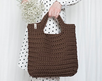 Brown knit tote bag, Woven summer holiday beach handbag, Functional bag, Shopping Bag, Vacation bag