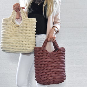 Crochet rope bag, Summer cream tote/ dusty rose bag image 2