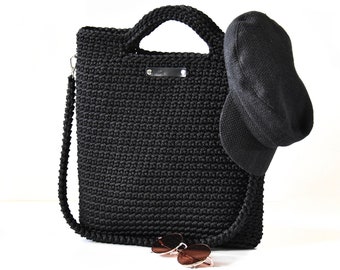 Knitting handmade shoulder bag,  Black tote with extra long strap