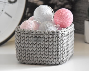 Small items storage, Crochet grey square basket, Home storage case