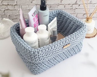 Handmade Rectangle Dusty Blue Basket: Bathroom Cosmetics Holder and Organizer for Towels
