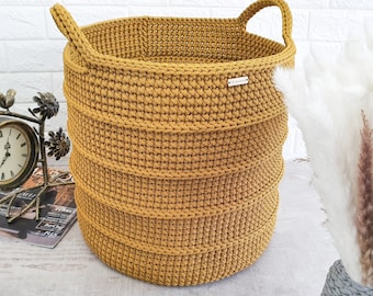Crochet Fabric Rope Basket/ Large Mustard Storage Basket with Handles