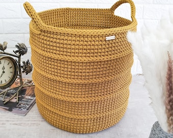 Fabric Rope Basket, Crochet Large Basket, Laundry Basket with Handles