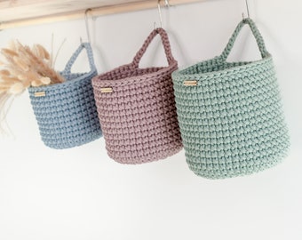 Crocheted Hanging Storage Basket: Pastel Nursery & Kitchen Organizer