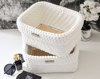 Handmade Crochet Basket: White Rectangle Organizer with Wooden Base