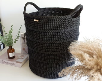 Large rope basket for storage, Round basket to store blankets, Crochet black basket bin,  Laundry storage solution