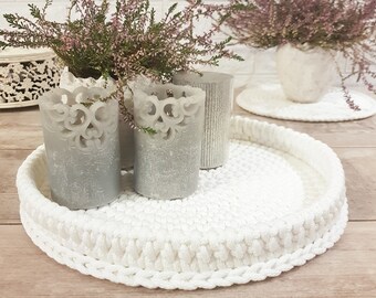 Crochet decorative tray/ Round white serving trayt 30 cm/ Winter basket decor