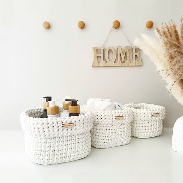 Crochet Basket Set of 3 - Square Bathroom Organizer - White Storage Solution