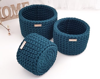 Turquoise basket - Handmade crochet knit basket - Chunky crochet set - Decorative home basket - Round rope basket