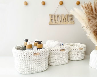 Crochet Basket Set of 3 - Square Bathroom Organizer - White Storage Solution