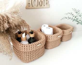Crochet Rustic Basket: Beige Rope Organizer, Bathroom Kitchen Storage