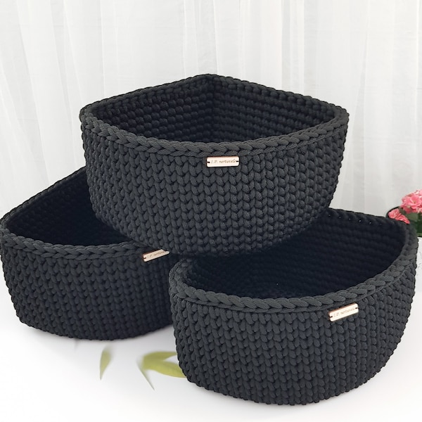 Panier d'étagères d'angle triangulaire, rangement en corde noire, boîte faite main au crochet, organisateur de porte-cosmétiques de salle de bain