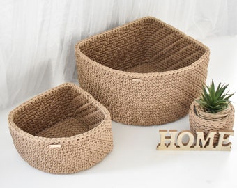 CORNER STORAGE BASKET, Triangle basket, Beige basket, Crochet rope basket, Shelf organizer