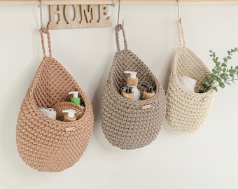 Handmade Crochet Wall Hanging Basket: Rustic Kitchen Storage