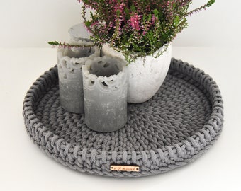 Crochet decorative tray/ Round grey serving tray/ Catch-all bowl