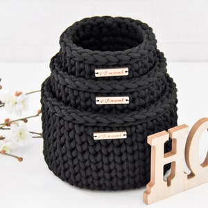 Black home decor, Rope basket storage, Set of 3