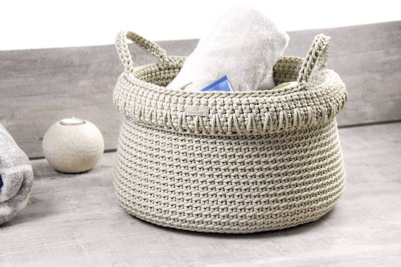 Bathroom Spa Basket Organizer, Hand Towels and Handmade Woven Basket,  Crochet Round Rope Basket, Cosmetics Basket Toiletries, Rustic Basket 